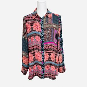 Rose + Olive Women S Oversized Tunic Blouse Button Up Colorful Patchwork Boho